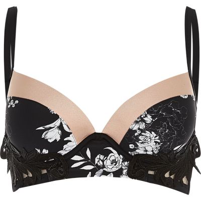 Black floral print plunge bikini top